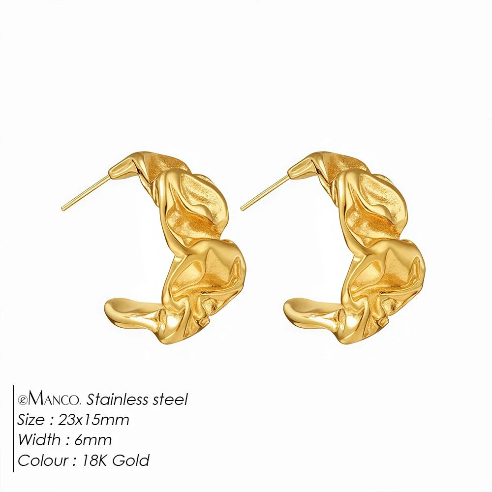 Emanco Earrings Light Luxury Retro Electroplated Fashionable Women's Earrings Personalized Abstract Pleated C-shaped Earrings