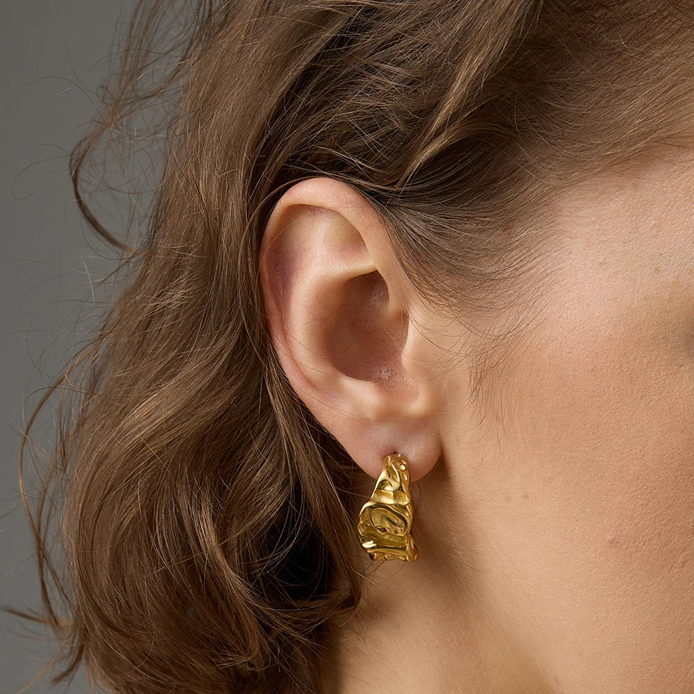 Emanco Earrings Light Luxury Retro Electroplated Fashionable Women's Earrings Personalized Abstract Pleated C-shaped Earrings